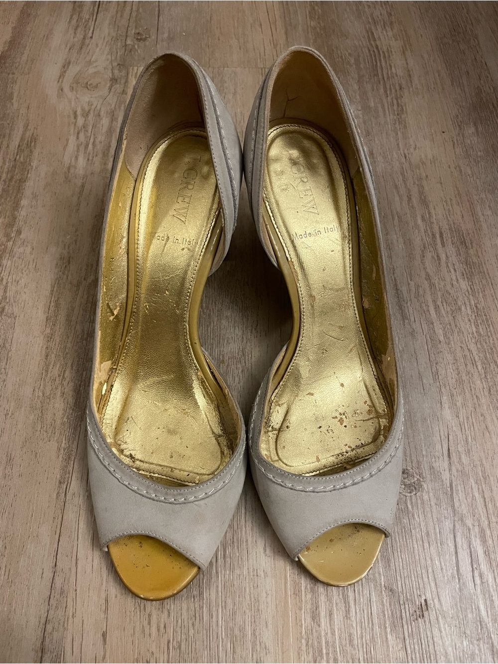 J. Crew Soft Gray Peep-Toe Heels with Gold Insole size 8.5
